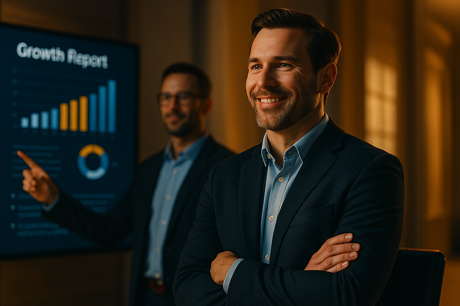 Founder and consultant reviewing growth strategy in a boardroom